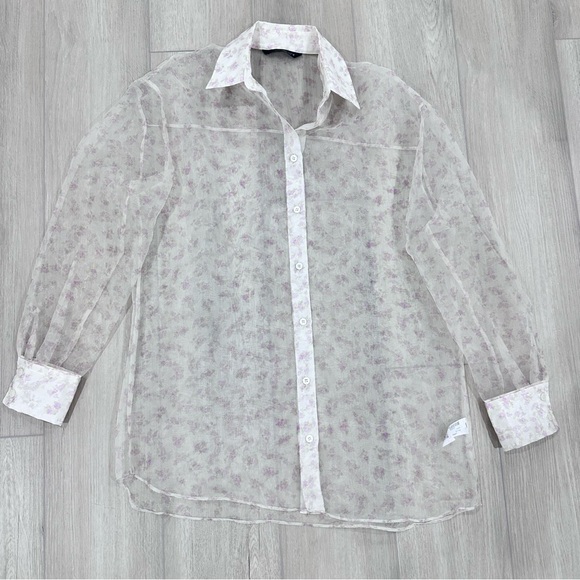 Zara organza sheer floral oversized collared button down small white pink - Picture 2 of 8